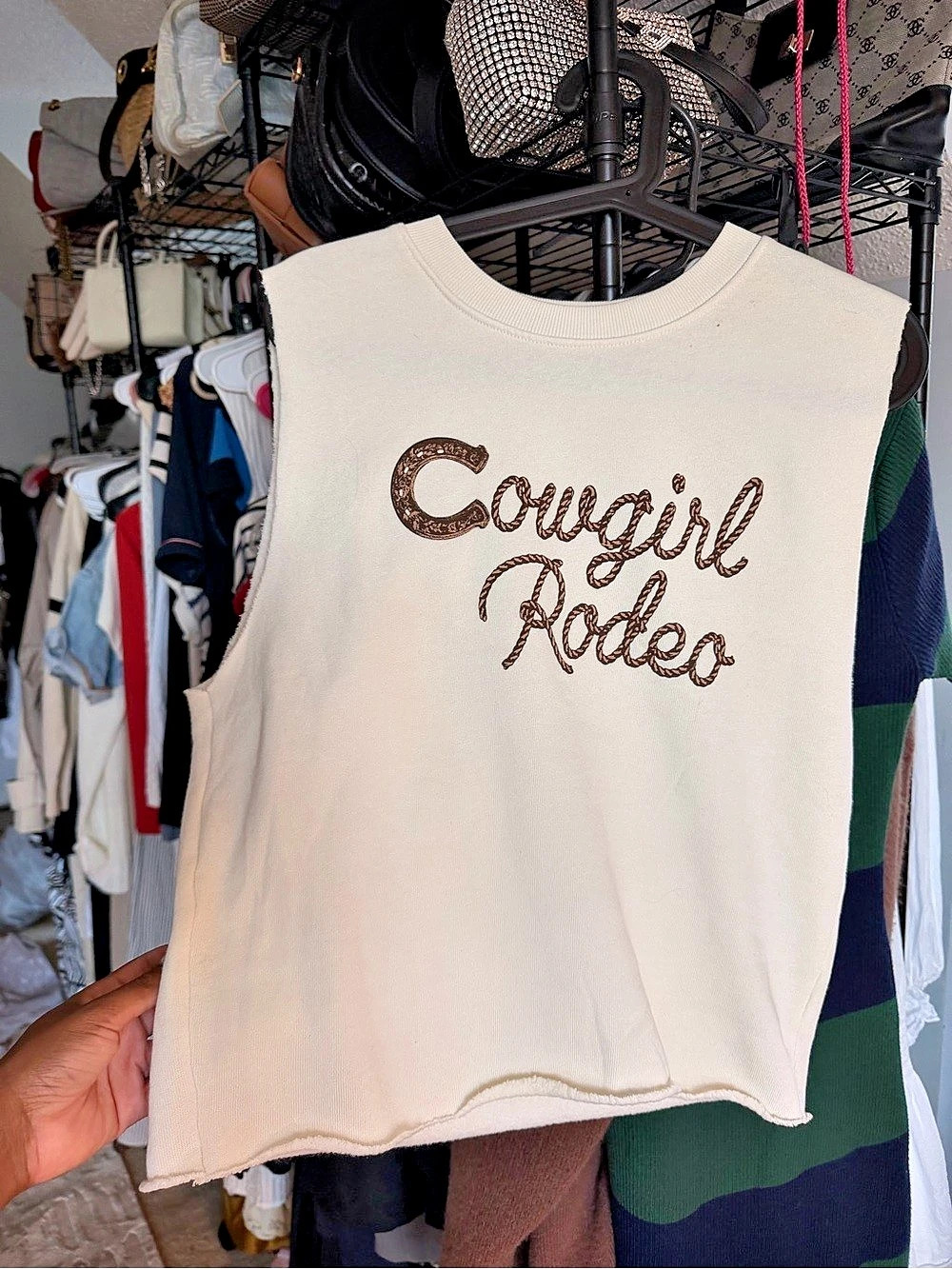 Project Social T Cowgirl Rodeo Sleeveless Sweatshirt Cream Muscle Tee